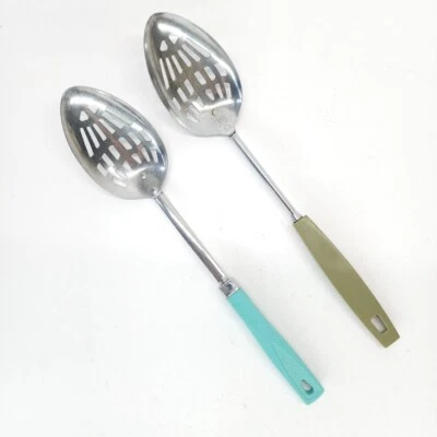 Ekco Slotted Spoons Utensil 12” Avocado/Turquoise Handled Metal Midcentury USA - Image 1 of 4