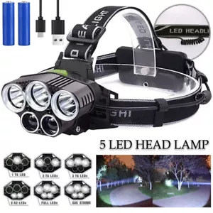 20000 LM Zoom Torch Lamp 5X T6 LED Headlamp Rechargeable Head Light Flashlight - Picture 1 of 12
