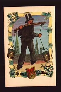 POSTKARTE: DEUTSCHLAND - GRUSS AUS HAMBURG - MANN MIT EIMERN AUF SCHULTERN - Bild 1 von 2