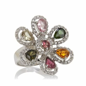 Meher's Jewel Colors of Tourmaline and White Zircon Sterling Silver Flower Ring - Picture 1 of 2