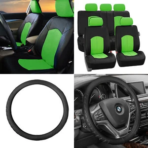 Perforated Leather Auto Seat Covers Green Black w/ Leather Steering Wheel - Bild 1 von 9