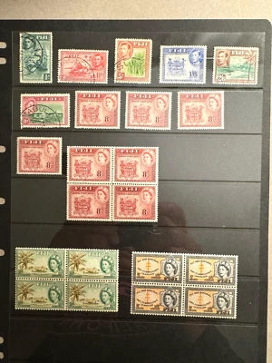 Fiji group of 22 stamps loose incl Blk 4 Scott Cat 117/B4 1938-1954 dups - Image 1 of 2