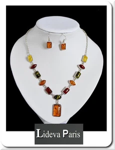 Schmuckset Collier Halskette Ohrringe Bernstein Amber Kette Anhänger Silber Bunt