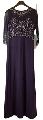 Maxi vestido de dama de honor manga 3/4 con cuentas de berenjena para mujer Foto 1 de 4