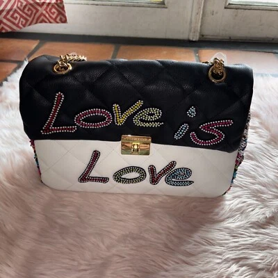 BOLSO DE MANO BETSEY JOHNSON Love Is Love Lentejuelas Deslumbrado Hombro Arco Iris NUEVO SIN ETIQUETAS Foto 1 de 4