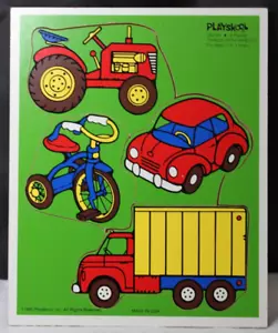 Vintage 1985 Playskool 4 Piece Wooden Puzzle Things With Wheels Made USA 180-04 - Picture 1 of 5