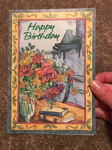 Happy Birthday Vintage Greeting Card Flowers Books Music Piano Glitter - Picture 1 of 4