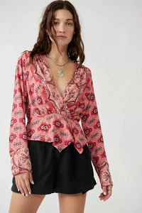 Free People Falling For You Pink Floral Faux Wrap Blouse Sz S Boho Casual Indie - Picture 1 of 10