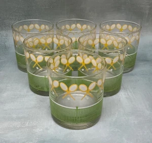 6 J Scott Tennis Racket DOF Rocks Lowball Glasses Libbey 3 1/2” - Picture 1 of 2