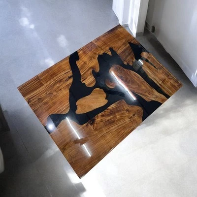 Natural Wood Black Epoxy Top Dining Table Modern Sofa Centerpiece Handmade Art - Image 1 of 4