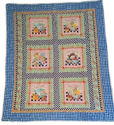 6 panels vtg cotton fabric Mary Engelbreit Throw Quilt Blanket 1998 60 x 50"  - Image 1 of 4