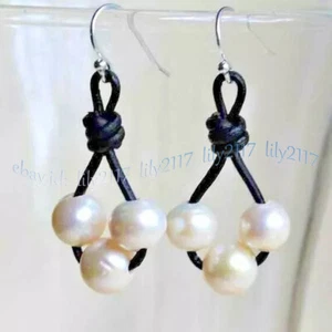 9-10mm Natural White Freshwater Pearl Dangle Black Leather Silver Hook Earrings - Picture 1 of 6