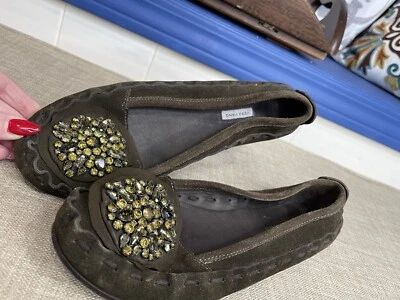 Vera Wang Ballet Pisos Para Mujer Talla 8 Marrón Cuero Cristales Hecho en Italia Foto 1 de 4