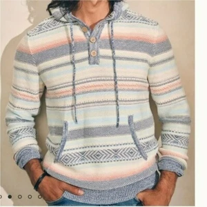 Faherty Cove Mens Large Hoodie Striped Henley Multicolor Pastels - Picture 1 of 11