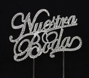 BRIDAL CAKE TOPPER SILVER BLING METAL WEDDING SIGN NUESTRA BODA PLATA DECORATION - Picture 1 of 6