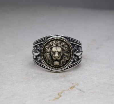 Anillo de sello para hombre con cabeza de león dorado, anillo banda flor de lis, anillo de oro para hombre Foto 1 de 4