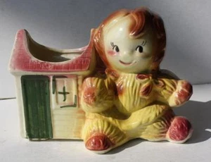 Rag Doll Pigtails and Doll House Planter Figurine Ceramic Pottery Vase Vintage - - Picture 1 of 1