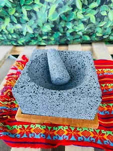 Molcajete Stone Square 8in With Wood Bottom Base - Picture 1 of 5