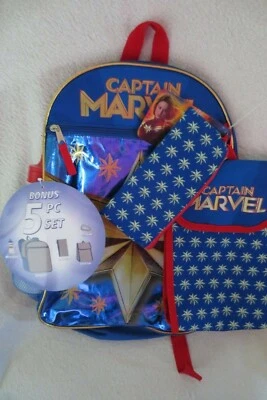  Mochila escolar Capitã Marvel menina conjunto com 5 peças lanche sacola garrafa estojo utilitário - Imagem 1 de 4