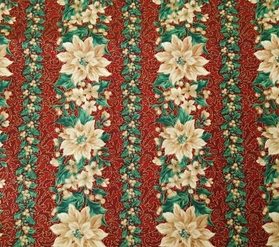 Treasured Traditions BTY QT Beige Poinsettia Stripe Gold Green Leaves Wine - Image 1 of 2