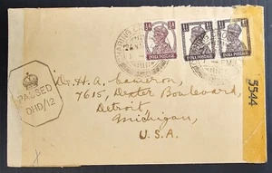 1944 India Censor Cover 3 Stamps cd Charing Cross Ooty-Detroit - Picture 1 of 2