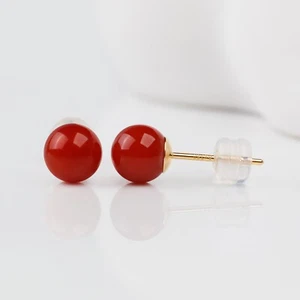 Classic 6.3mm Round Red Natural Aka Coral Stud Earrings 18K Solid Yellow Gold - Picture 1 of 6