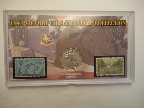 1945 Victory Coin & Stamp Collection, Walking Liberty half + 2 3 cent stamps Cover