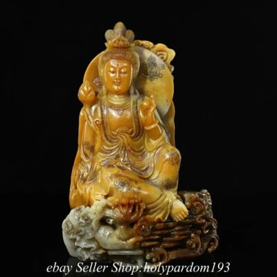 Antigua estatua china de 7,4" tallada en piedra de Tianhuang Shoushan Kwan-yin Guan yin Foto 1 de 4