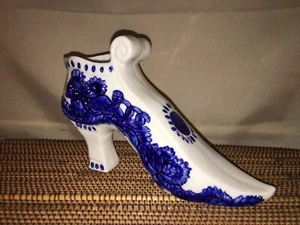 White Shoe W/Cobalt Blue Floral Pattern Ceramic Planter  7” Long. 41/2” Tall - Picture 1 of 9