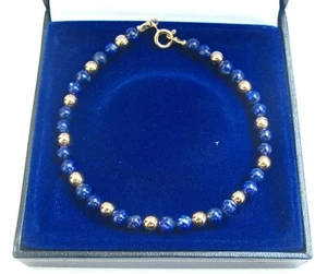 14 k yellow gold beads lapis lazuli gemstone bracelet natural men bangle genuine - Picture 1 of 5