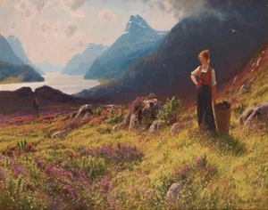 Hans Dahl Woman In A Fjord Landscape Canvas Print 16 x 20 - Picture 1 of 4