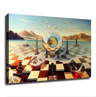 Máscara de ajedrez Salvador Dalí en la pared del mar arte póster surrealismo póster lienzo Foto 1 de 4