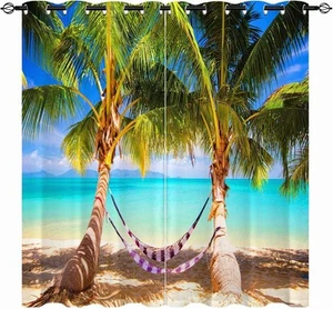 Beach Themed Curtains, Tropical Coastal Hawaiian Palm Trees Ocean Landscape Pat - Picture 1 of 8
