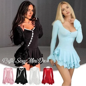 Mini Abito Sexy Svasato Maniche Increspate Scollo V Irregolare Monopetto Slim Dress - Foto 1 di 57