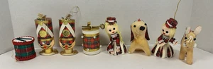 Vtg Japan Christmas Ornament Lot 8 Flocked Soldiers Dog Horse Drum Tartan Plaid - Picture 1 of 9