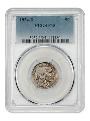 1924-D Buffalo Nickel PCGS F15 5c Denver Mint USA Collector's Coin SEMI KEY DATE - Image 1 of 4