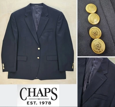 Chaps Ralph Lauren 100% Wool Navy Blue Gold Button Sport Jacket Blazer Mens 46S - Image 1 of 4