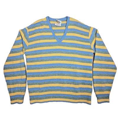 Vintage Shetland 65% Wool V-Neck L Striped Golf Sweater Soft Prep School Luxury - Image 1 of 4