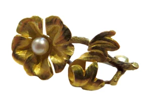 NOUVEAU 14K GOLD Pearl & FLOWER Brooch SIGNED - Picture 1 of 6
