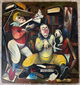 Vintage Clown Bibliothek Bücher Ölgemälde moderne Kunst Wandbehang unbekannter Künstler - Bild 1 von 16
