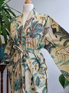 Cotton Robe Kimono Beige Jungle Printed Bathrobe Indian Women Night Dress Covers - Picture 1 of 6
