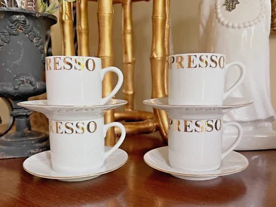 Pier 1 金色白色瓷制 4 件套咖啡浓缩咖啡杯和茶碟 — 第 1/4 张图片