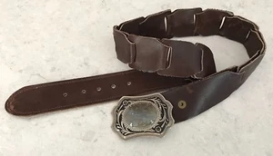 VINTAGE Leather BELT & BUCKLE SILVER tooled BUCKLE large  POLISHED Jasper STONE - Picture 1 of 8