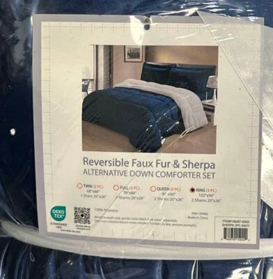 Cathay Home Blue 3 peças Conjuntos de edredom reversíveis King Sherpa e pele sintética - Imagem 1 de 3