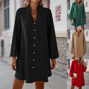 Womens Long Sleeve Solid Lantern Sleeve Short V-Neck Shirt Dress Spring Dresses - Picture 1 of 23