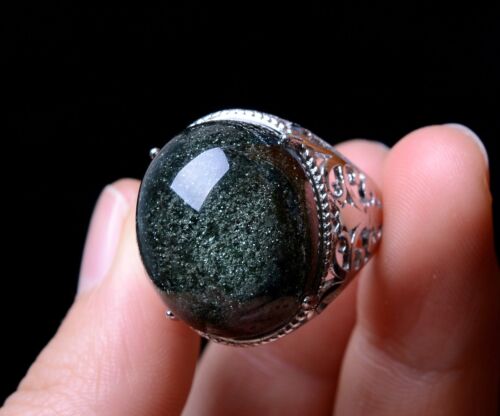 Rare Natural Green Ghost Crystal Healing Wealth Men Adjustable Ring 21*18*13mm