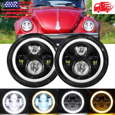 For VW Beetle 1950-1979 2x 7incn Round Chrome LED Headlight Hi/Lo Beam Halo DRL - Image 1 of 4