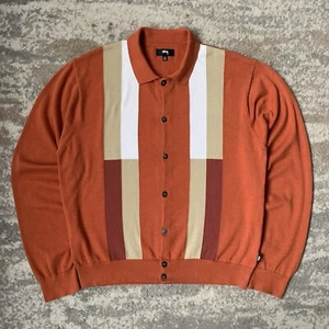 Stussy Men’s Cardigan Orange XL Fine Knit Colour Block Button Up Relaxed Retro - Picture 1 of 13