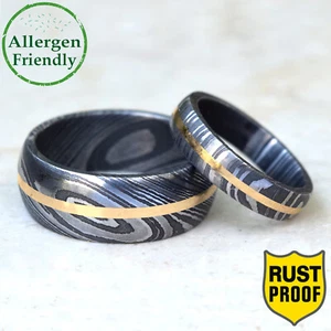 Customized Couple Brass Inlay Damascus Wedding Rings Set Engagement Anniversary - Picture 1 of 11