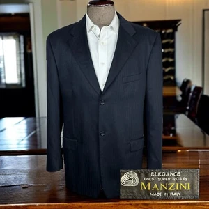 Manzini Italy Blazer Jacket Mens 44L Navy Stripe Super 120s Wool - Picture 1 of 10